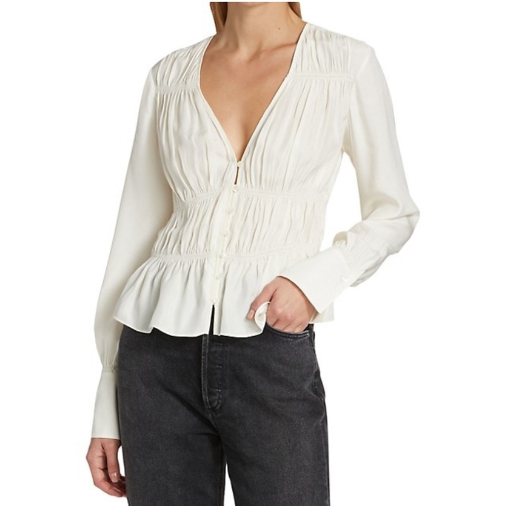 Frame Ruched V-Neck Silk Blouse Off White Large- New
